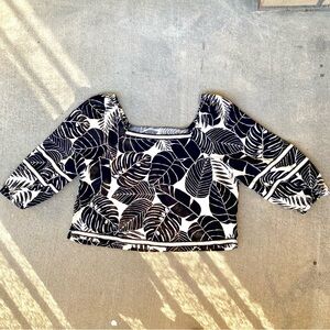Cynthia Rowley Square Neck Top Puff Sleeves Flax Linen Monstera Print Size Large